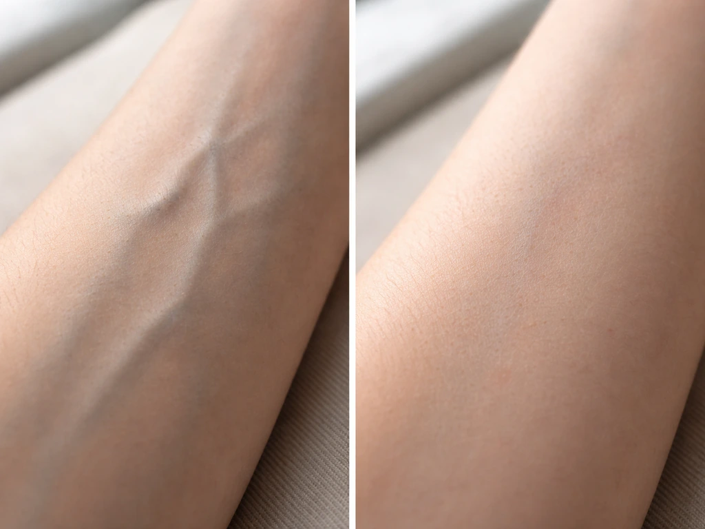 Close-up forearm showing superficial veins on one side and subtle capillaries on the other.