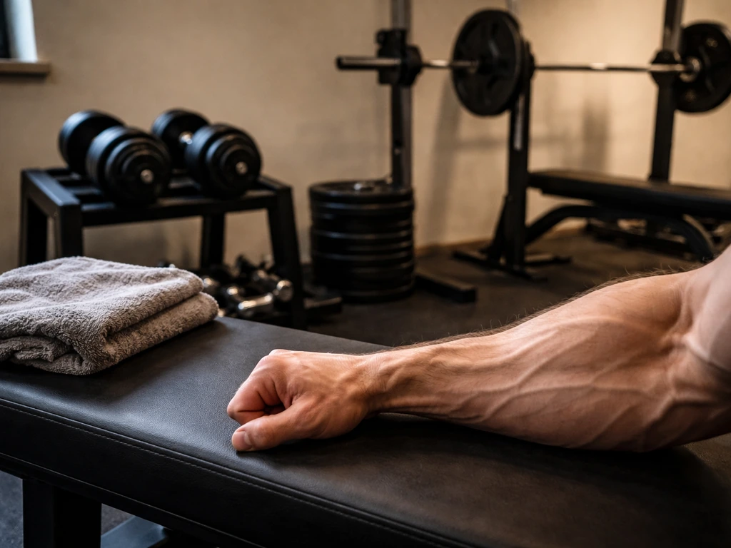 Gym resistance setup with dumbbells and a visible forearm showing light muscle tension for vein prominence.
