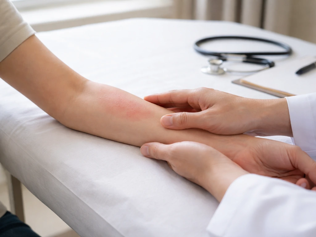 Clinician gently examining a patient’s swollen, reddish forearm with a medical focus