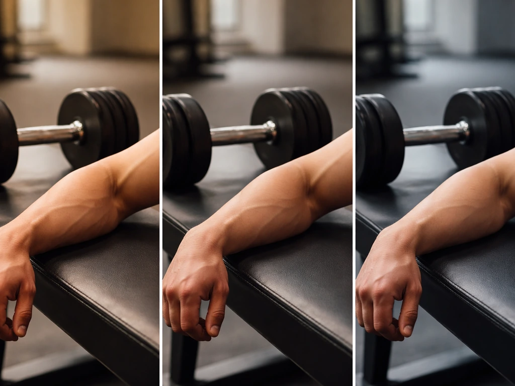 Minimal timeline photo: dumbbell on bench with three stages—fresh redness, cooling recovery, and later regained focus.
