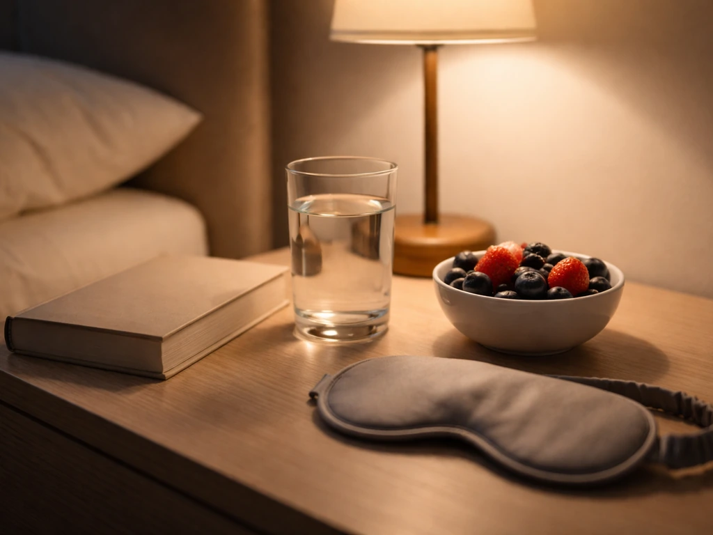 Bedside table with water glass, berries, and sleep mask suggesting overnight recovery factors.