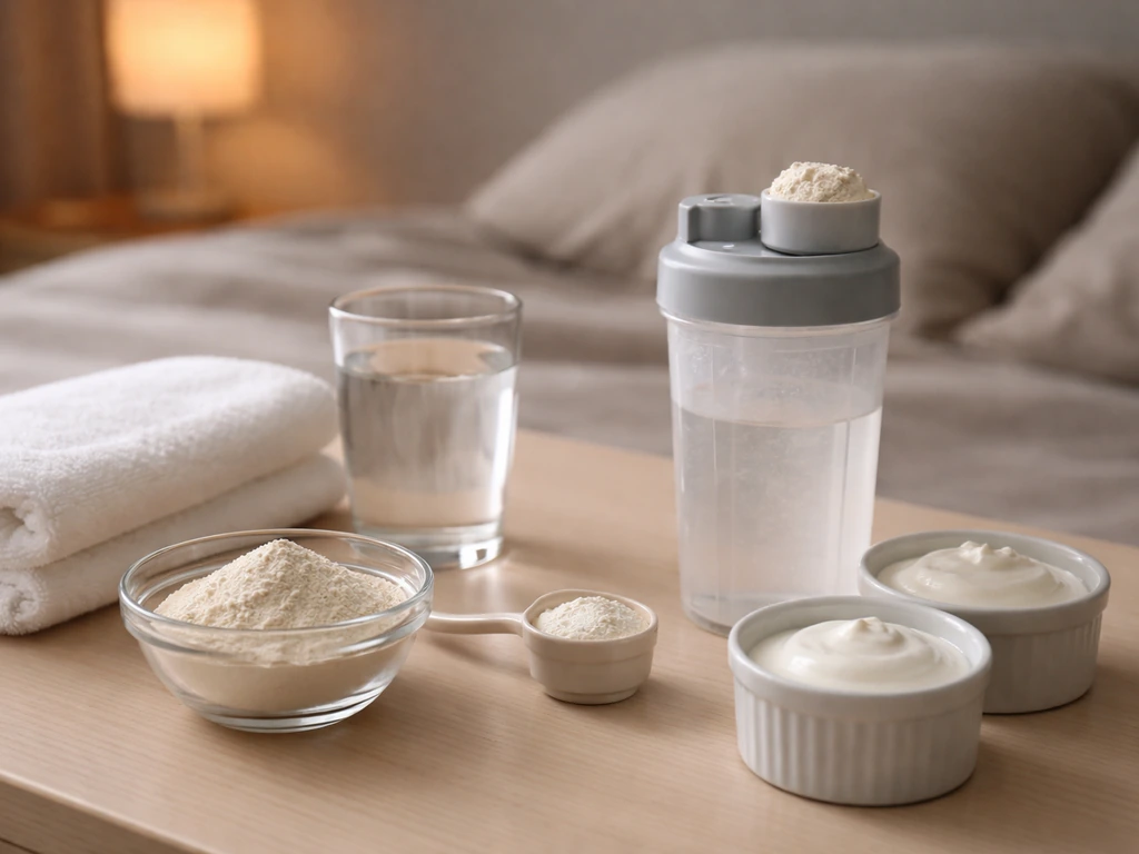 Overnight protein setup on a bedside table with small bowls and a shaker, ready before bed.