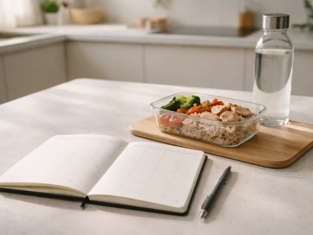 Minimal desk scene with an open weekly checklist notebook, protein-focused meal prep items, and a water bottle