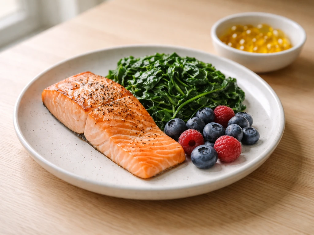 Practical plate with salmon, leafy greens, berries, and a small bowl of omega-3 rich oil in natural light.