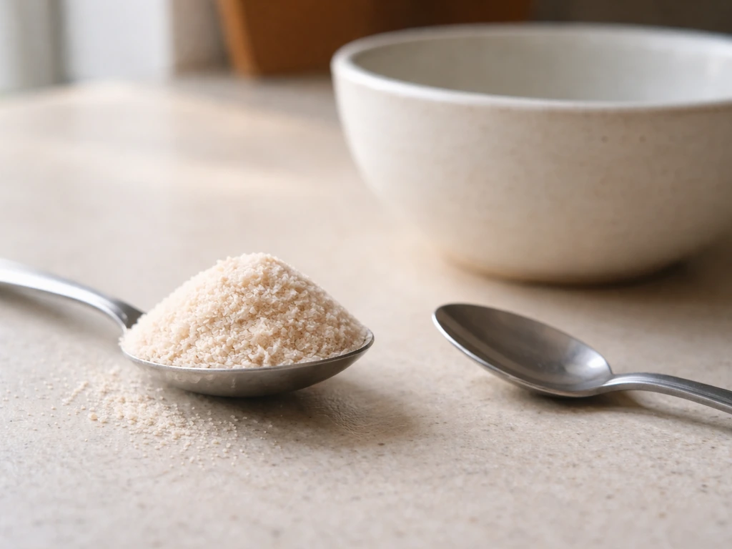 Close-up of psyllium in a spoon beside a small bowl, suggesting gradual fiber progression for gut motility.