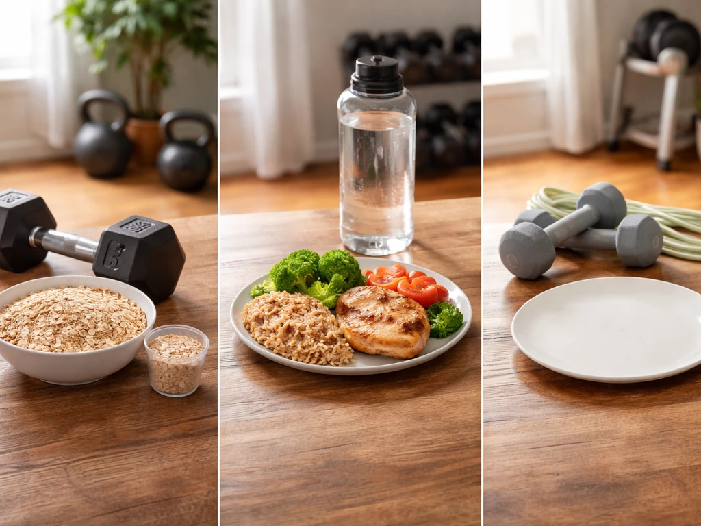 Minimal side-by-side photo showing three gym diet phases as anonymous symbols: bulk, cut, and recomp.