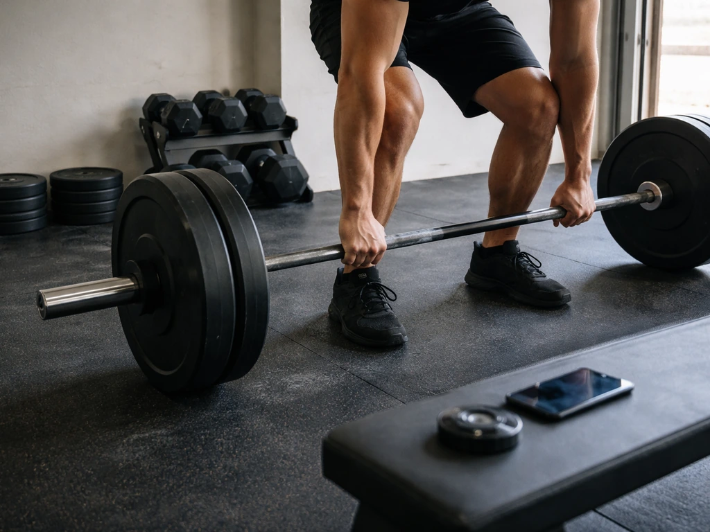 Anonymous person mid-rep with a barbell in a minimal home garage gym, weights set out neatly.