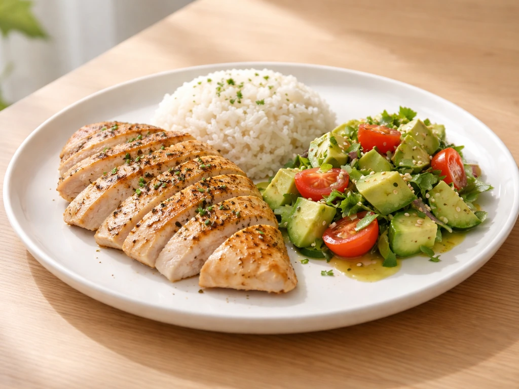 Minimal meal plate with protein, carbs, and fats portions on a wooden table in natural light.