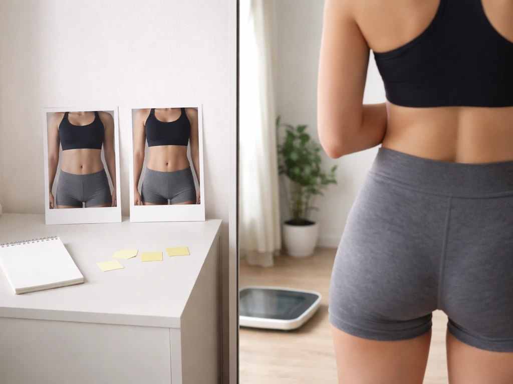 Minimal home mirror scene with anonymous body photo prints showing weekly progress under natural light.