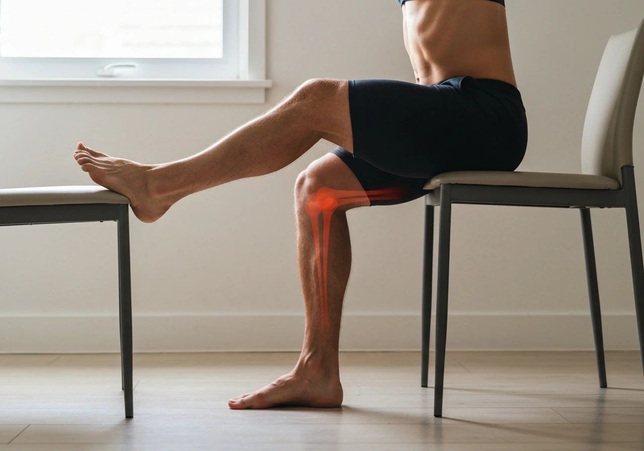 Person doing a bodyweight split squat to a chair in a home gym, side view, focused on knee and foot position.