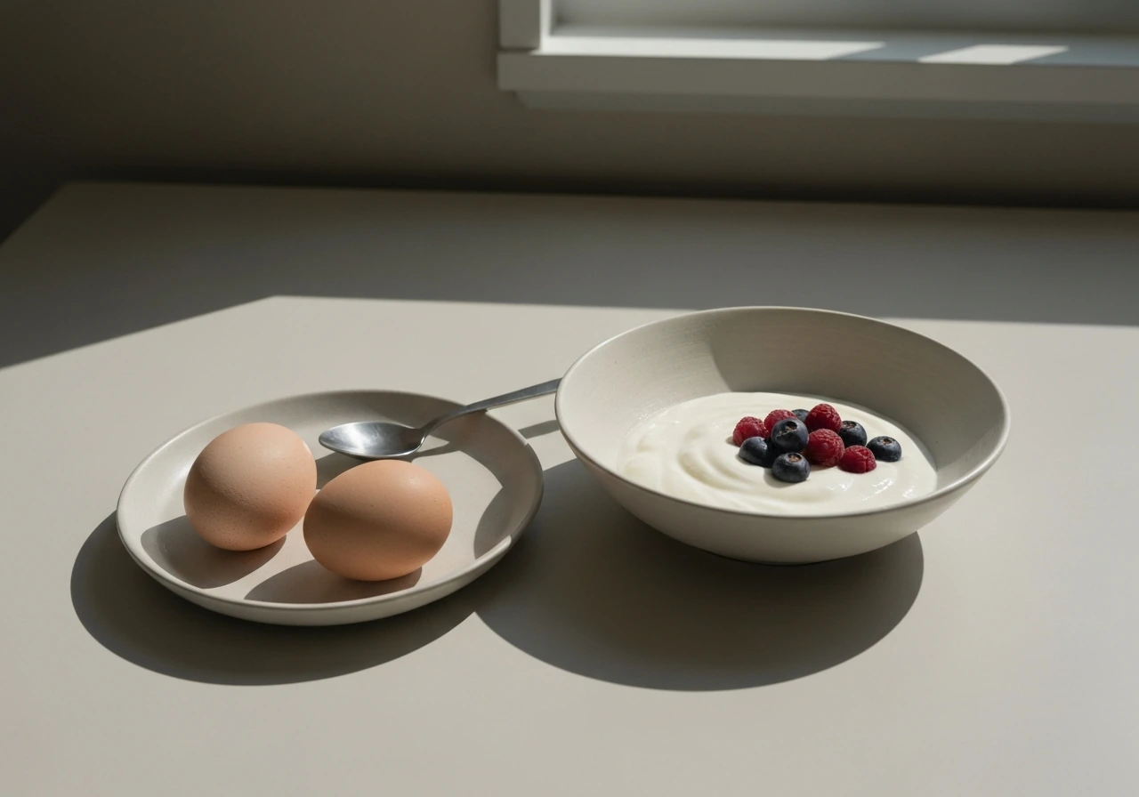 Breakfast bowl of Greek yogurt with berries, beside two whole eggs on a simple plate.