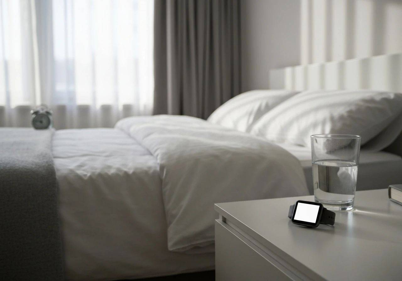 Minimal bedside sleep setup with a smartwatch, clean sheets, and natural light for recovery.
