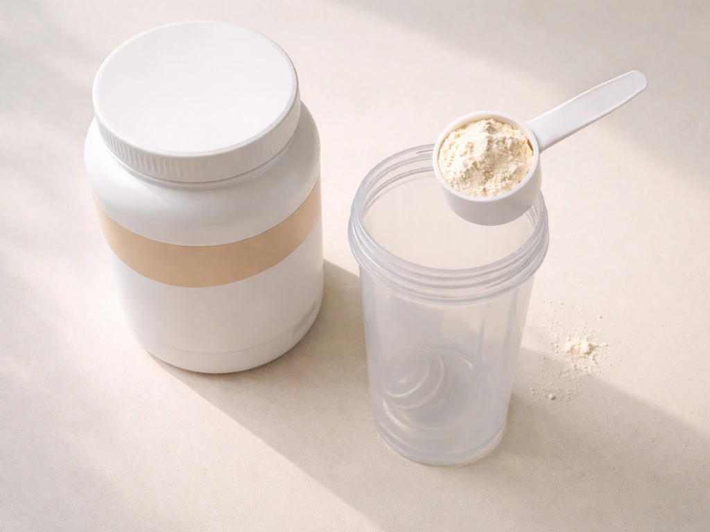 Top-down shot of a supplement tub with a shaker filled with powder and scoop beside it.