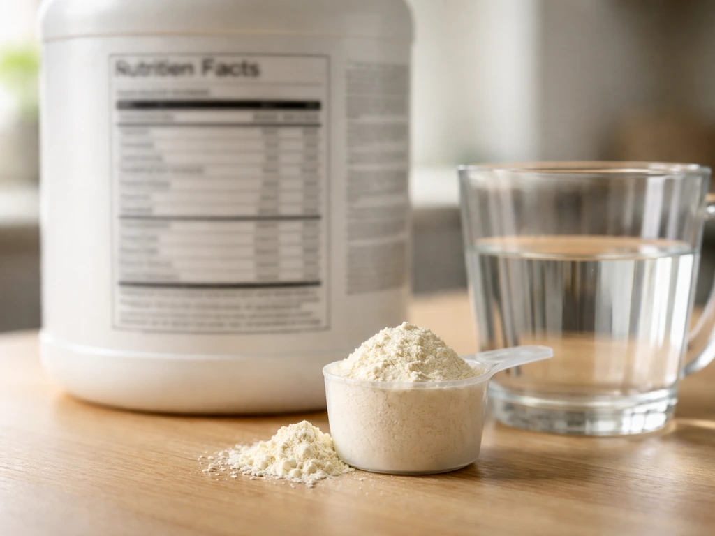 Close-up of a blurred protein supplement nutrition label with a scoop of powder and measuring cup on a table.
