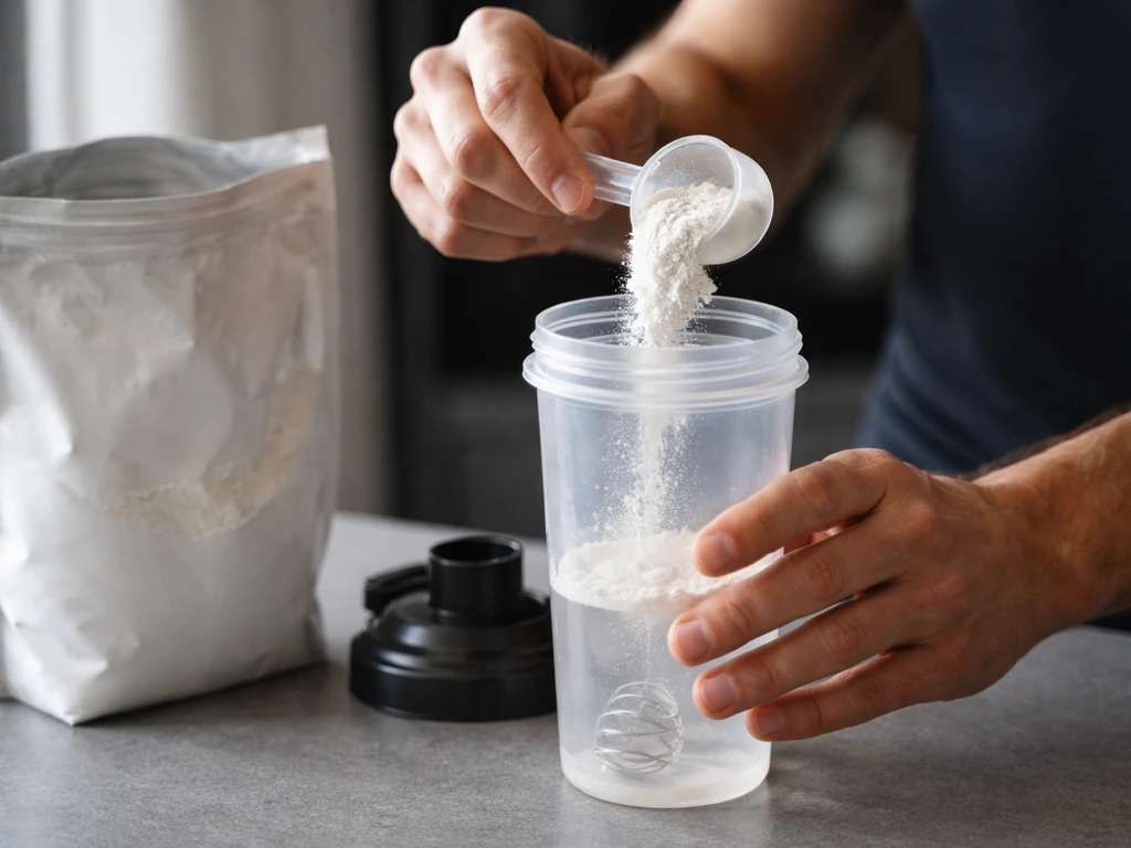 Hands pour one scoop of white powder into a workout shaker right after a workout.