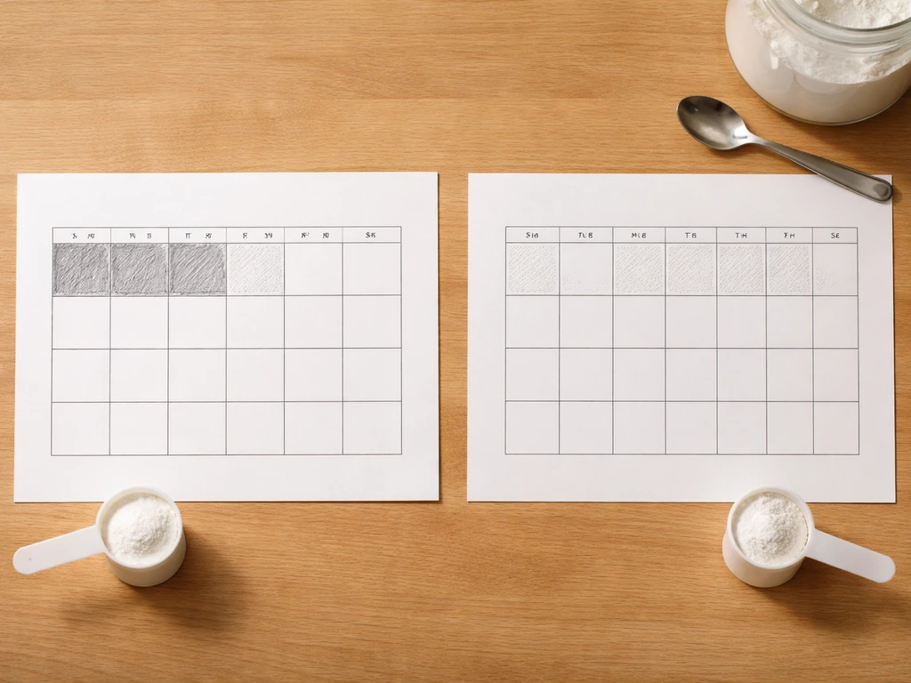 Minimal overhead photo of two simple dosing schedules on a desk, showing early higher scoops then standard.