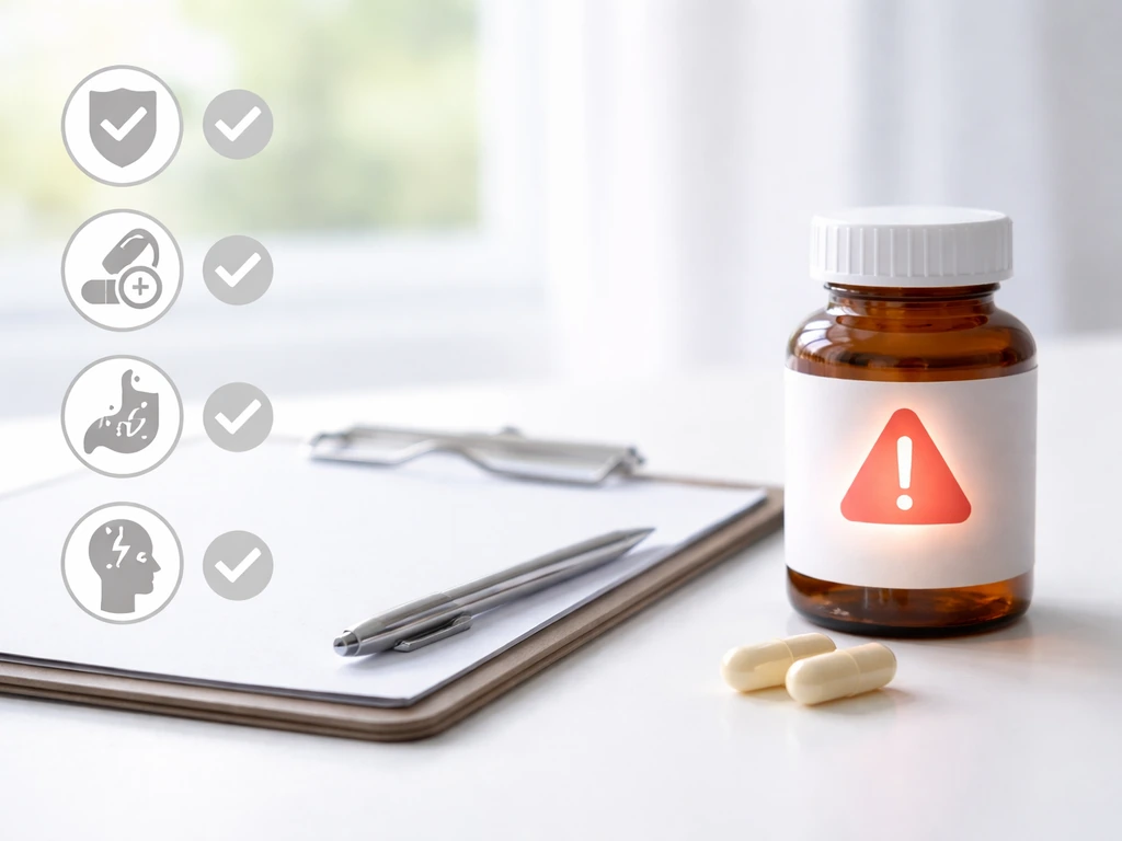 Minimal safety scene with a clipboard and supplements near a warning icon, lit by natural daylight.