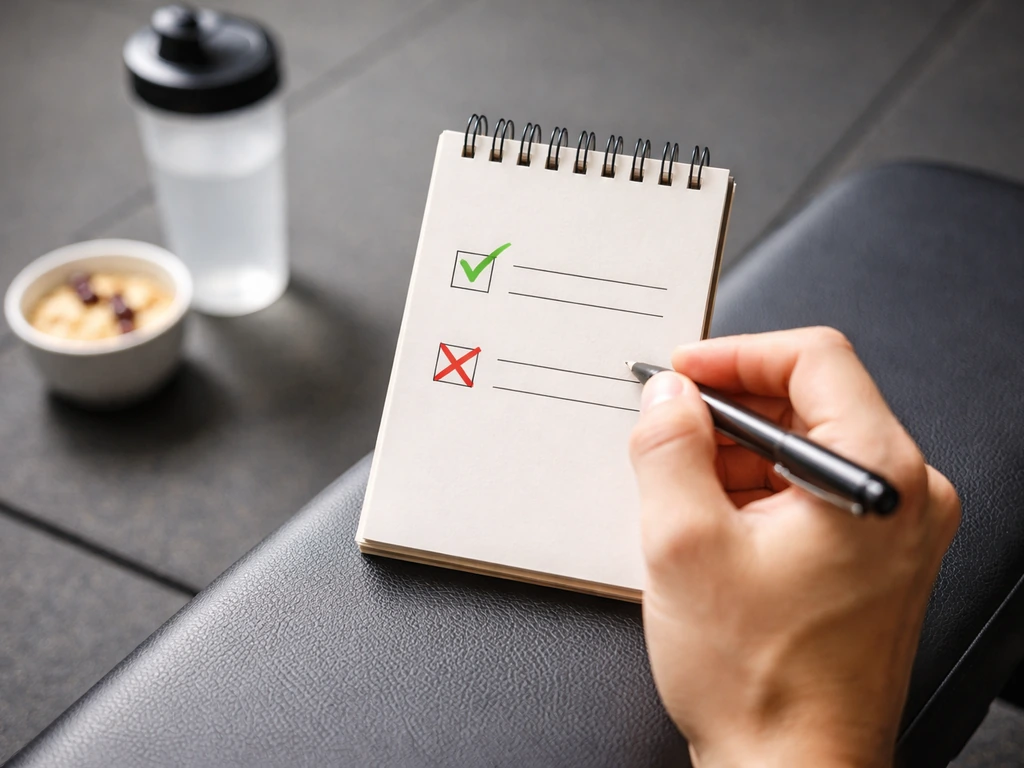 Hand over a notepad showing a green checkmark and red X beside blank lines, with gym items nearby.