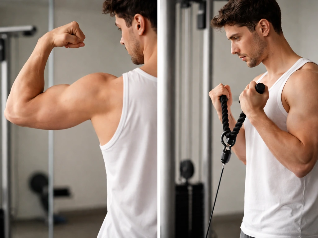 Person flexing briefly in a gym mirror, then doing a controlled cable curl showing real muscle tension