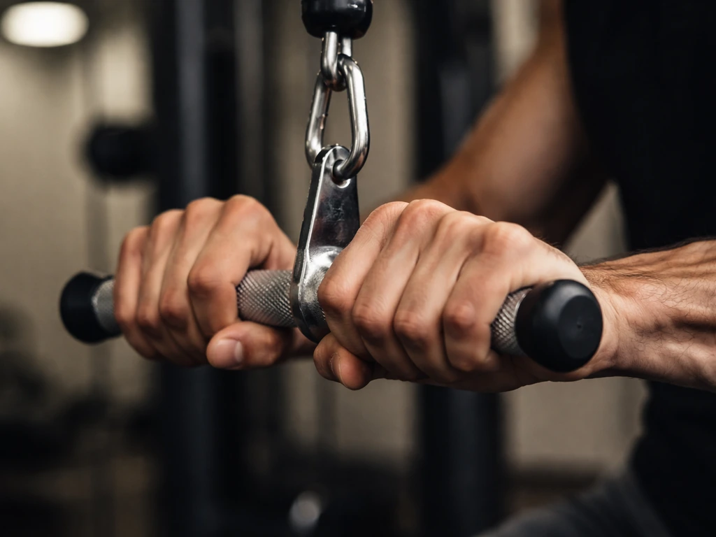 Close-up of hands gripping a cable handle during a slow controlled contraction under resistance.