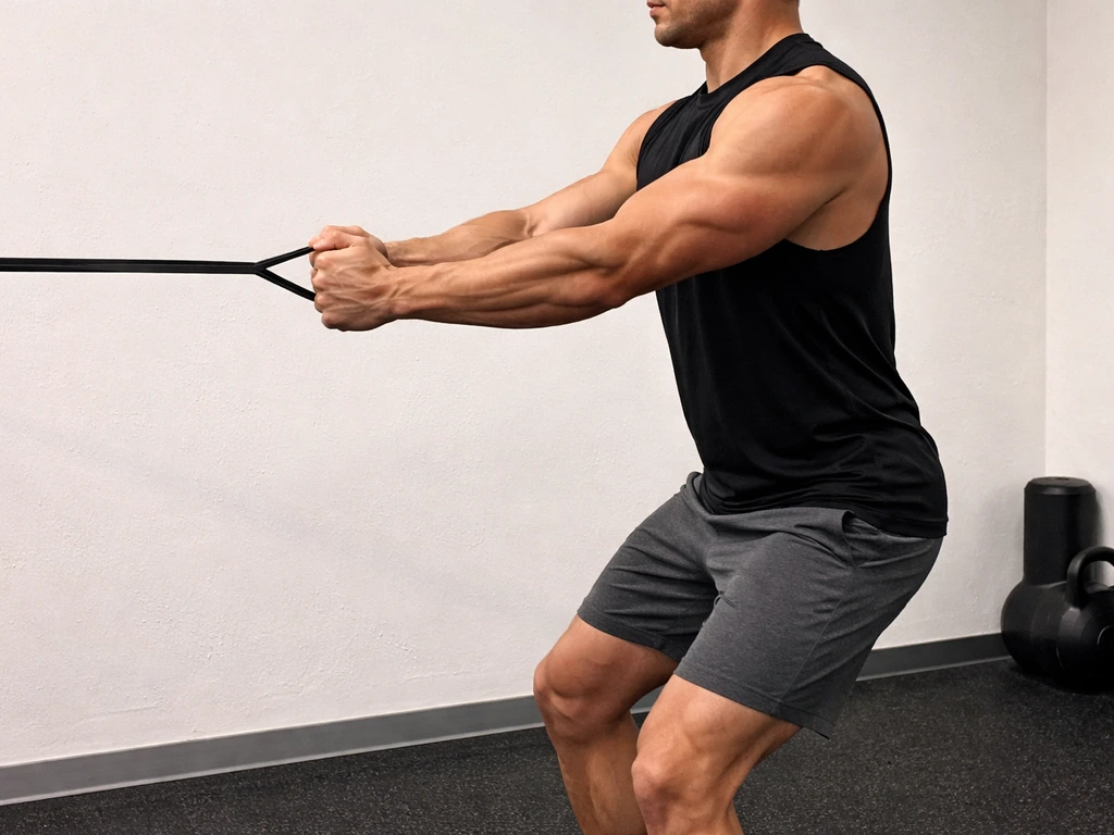 Anonymous athlete holds a resistance band isometric squeeze, forearms and lats tensed in a minimal gym.