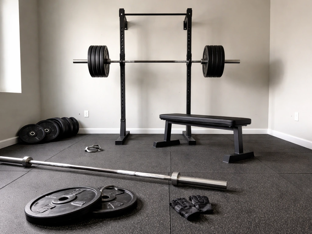Minimal home gym setup with barbell, bench, weights, and pull-up bar ready for compound lifts.