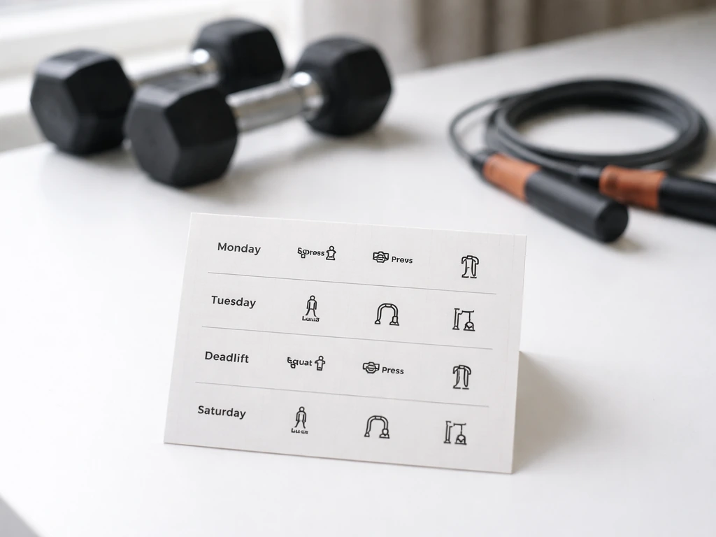 A minimal desk workout schedule card with simple lift icons for a 4-day upper/lower week plan.