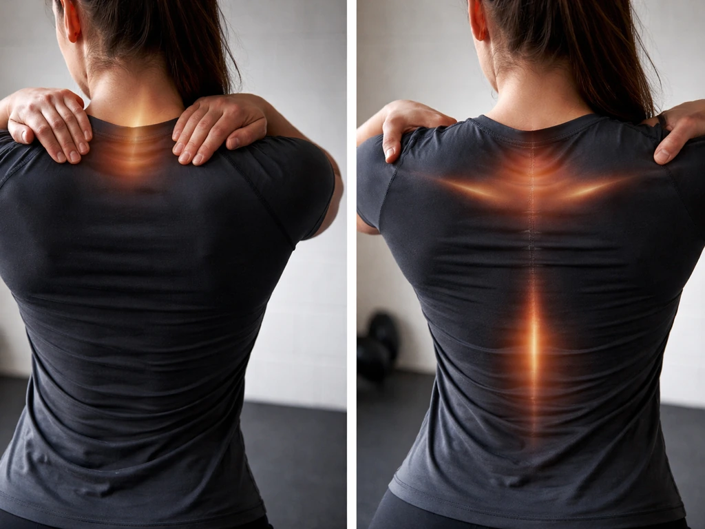 Close-up of an anonymous upper back showing upper, middle, and lower trapezius regions with subtle lighting cues.