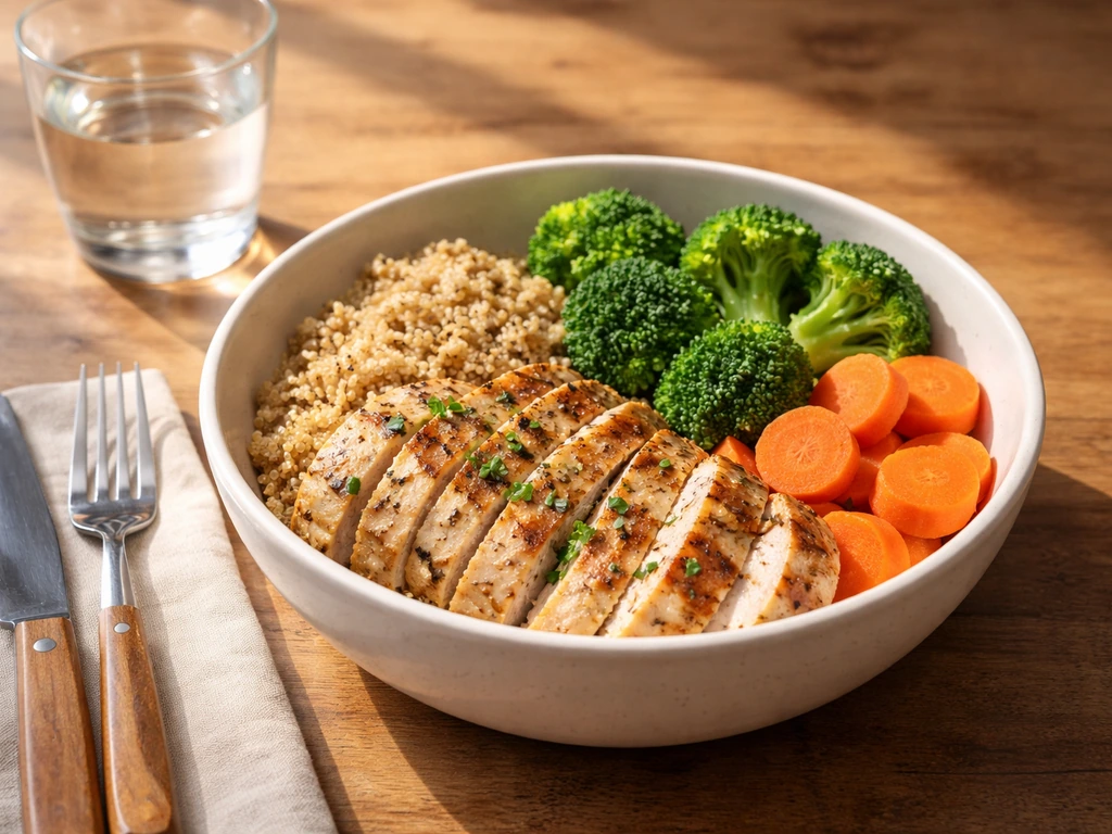 Close-up meal with lean protein, rice, and vegetables on a wooden table under natural light.