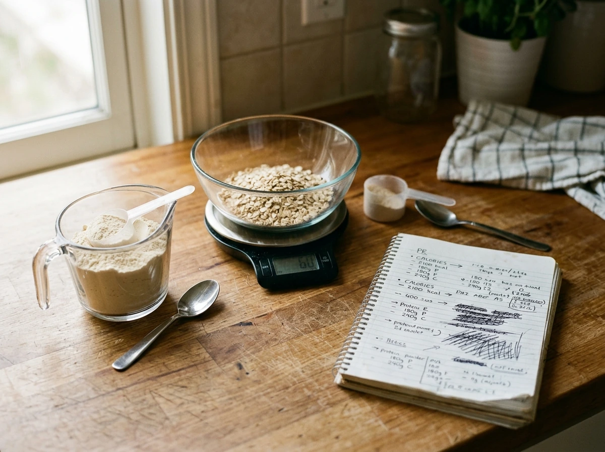 Protein and calorie foundation setup with whey powder, food scale, and measuring cup