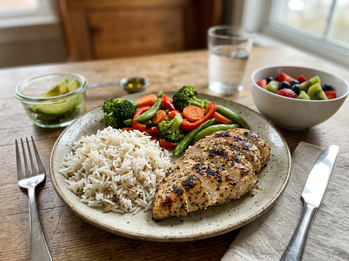Slightly larger balanced muscle-gain meal plate showing portion-focused eating