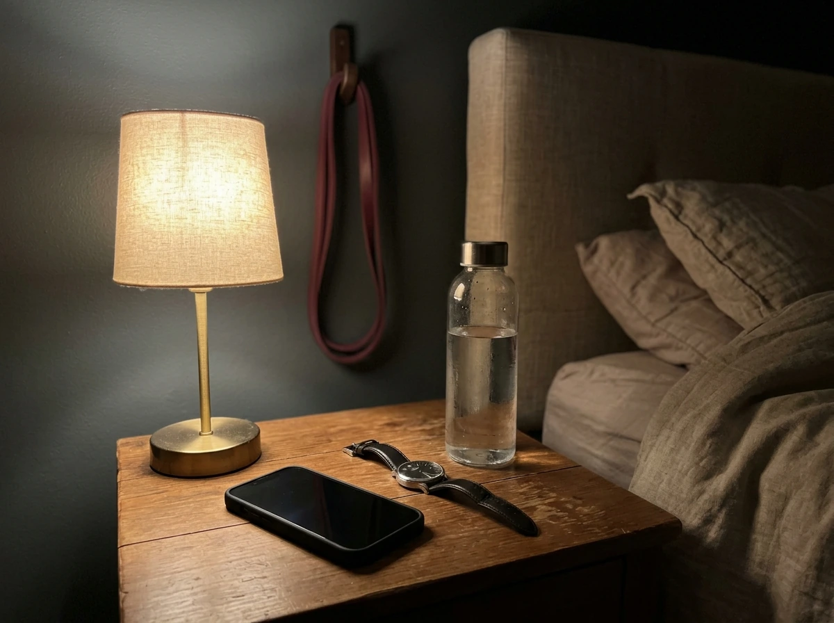 Bedside recovery setup with water, watch, and phone face-down