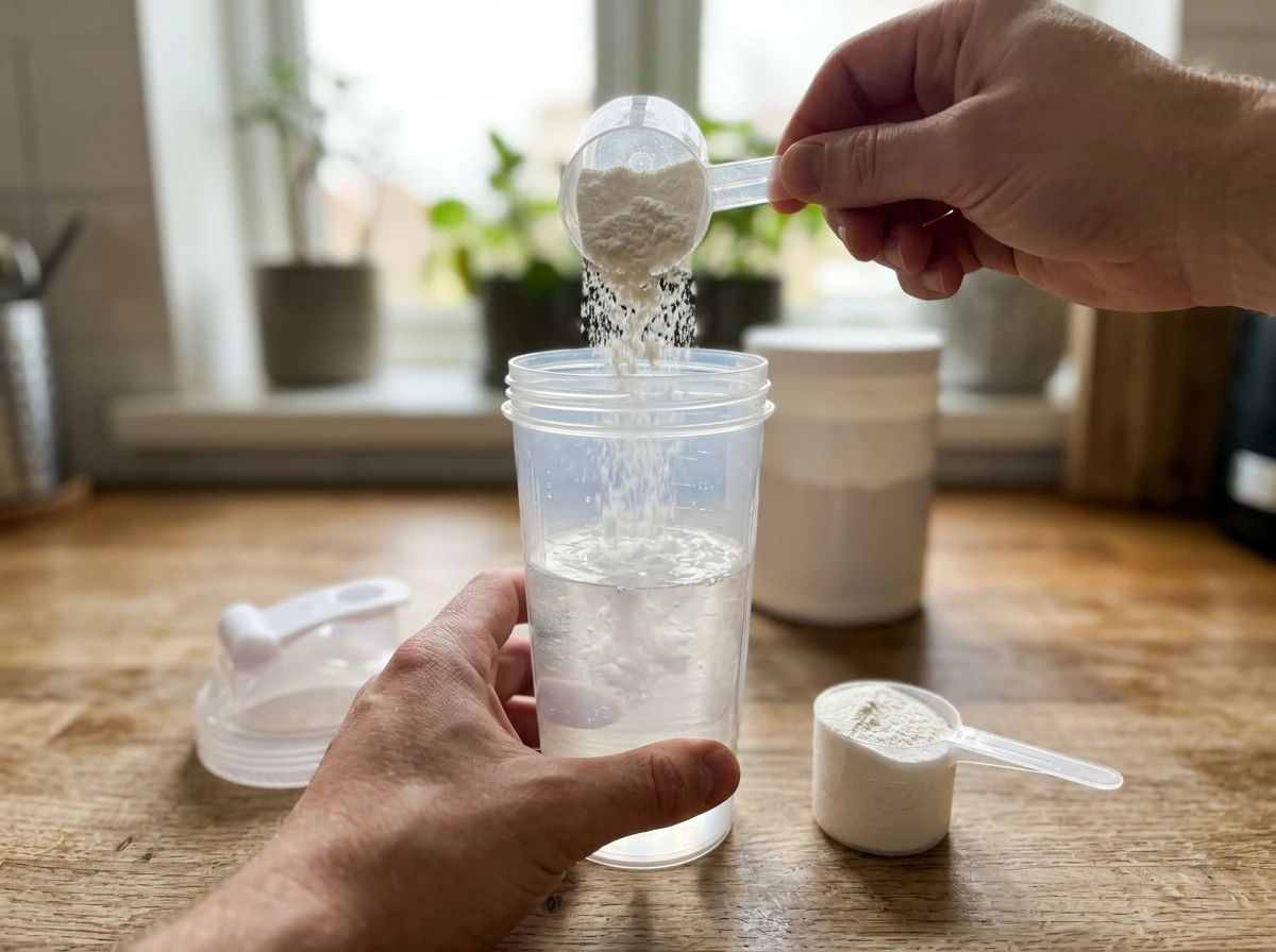 Creatine monohydrate powder scooping into a shaker bottle
