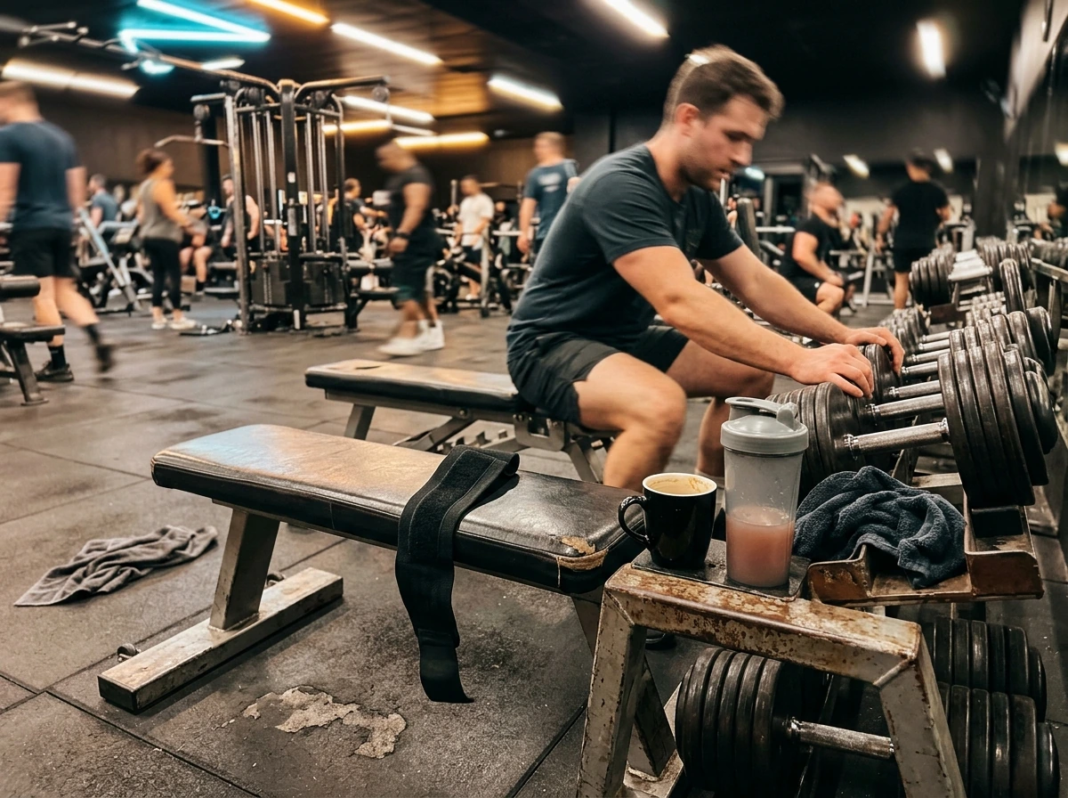 Coffee and shaker on a bench before a lifting session