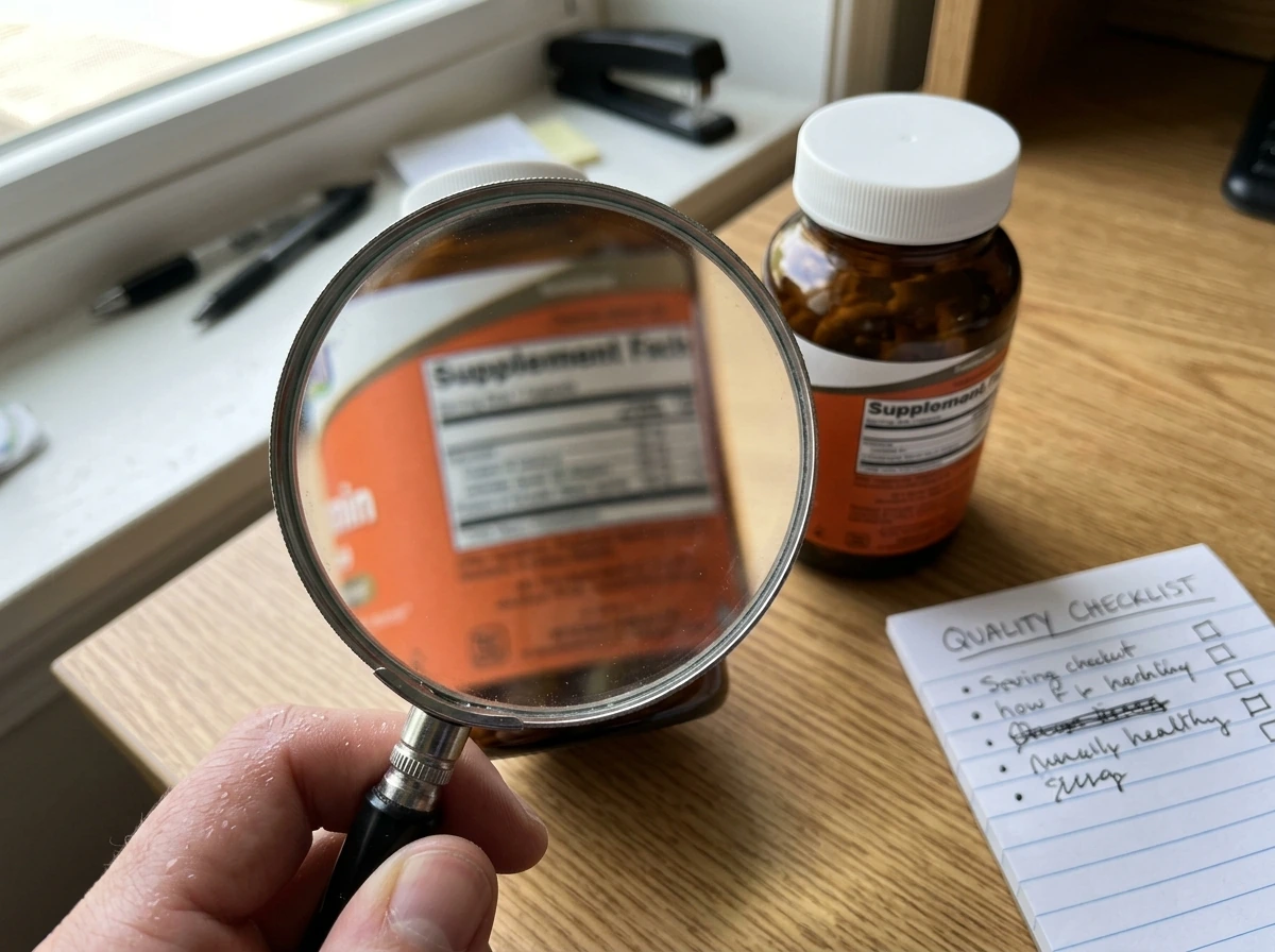Magnifying glass checking supplement quality and label accuracy (blurred text)