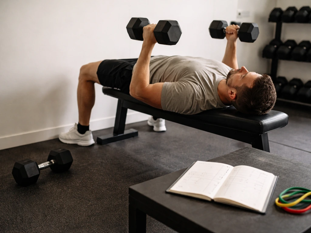 Person bench pressing with dumbbells, open workout log with blank checkboxes, simple set markers on a bench.