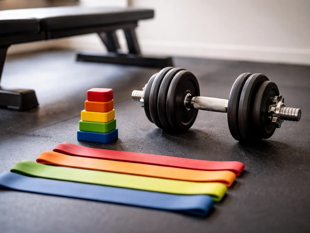 Dumbbell and bench with resistance bands and stacked rubber blocks suggesting a hypertrophy rep ladder.
