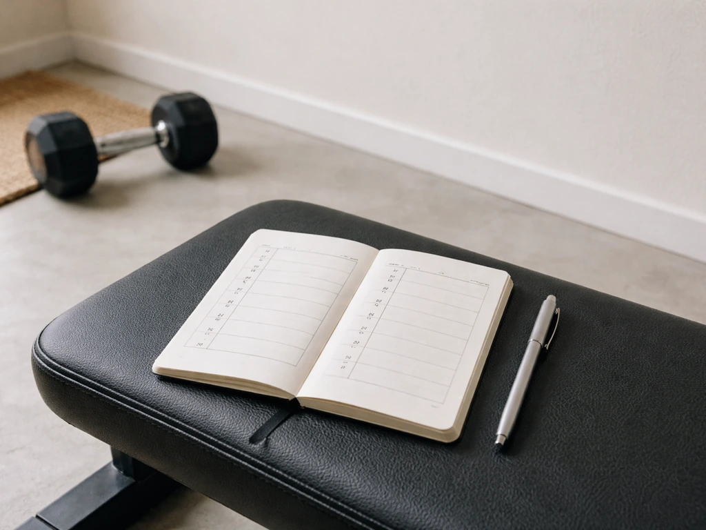 Minimal home gym scene with open workout planner showing a two-day split for one muscle group.