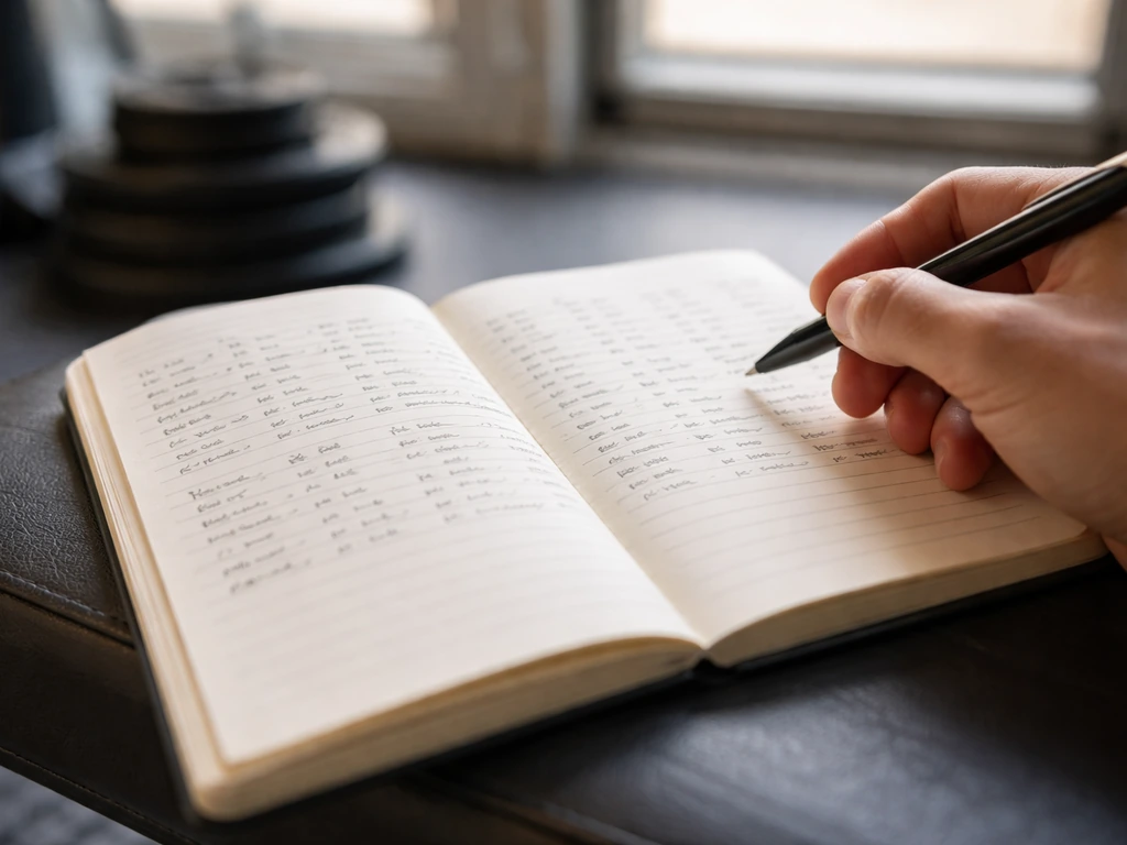 Close-up of handwritten workout log in a notebook with pen, showing changing weights and reps over weeks.