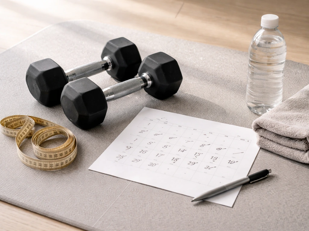 Minimal workout desk scene with dumbbells, a measuring tape, and a simple month-by-month calendar feel.