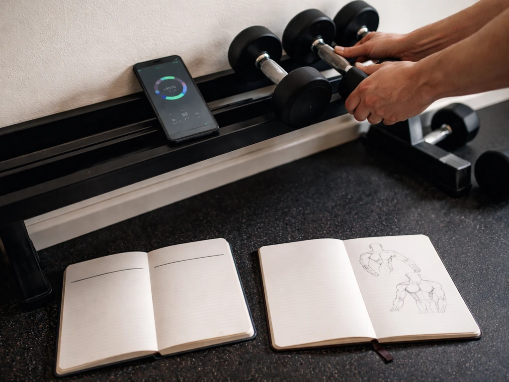 Anonymous hands at a home gym with two workout notebooks side by side, implying early vs later training progress.