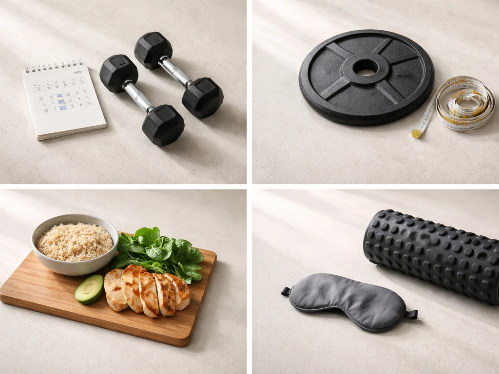 Four-pillar flat lay showing muscle gain speed: training tools, nutrition, protein, and recovery essentials.