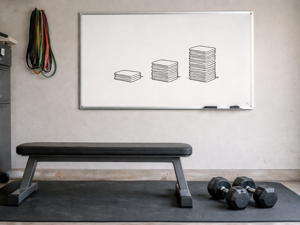 Minimal gym bench with dumbbells beside a simple blank whiteboard showing progressive workout cards