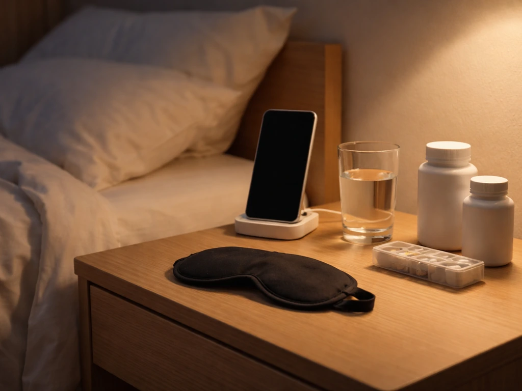 Dim bedroom bedside setup showing sleep recovery: mask, phone on charger, water bottle and supplement items