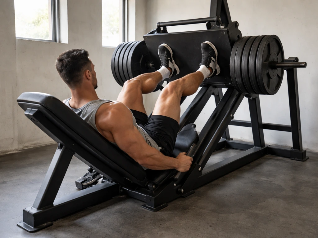 Athletic person in gym doing a leg exercise near a bench, highlighting quads and lower body growth focus.