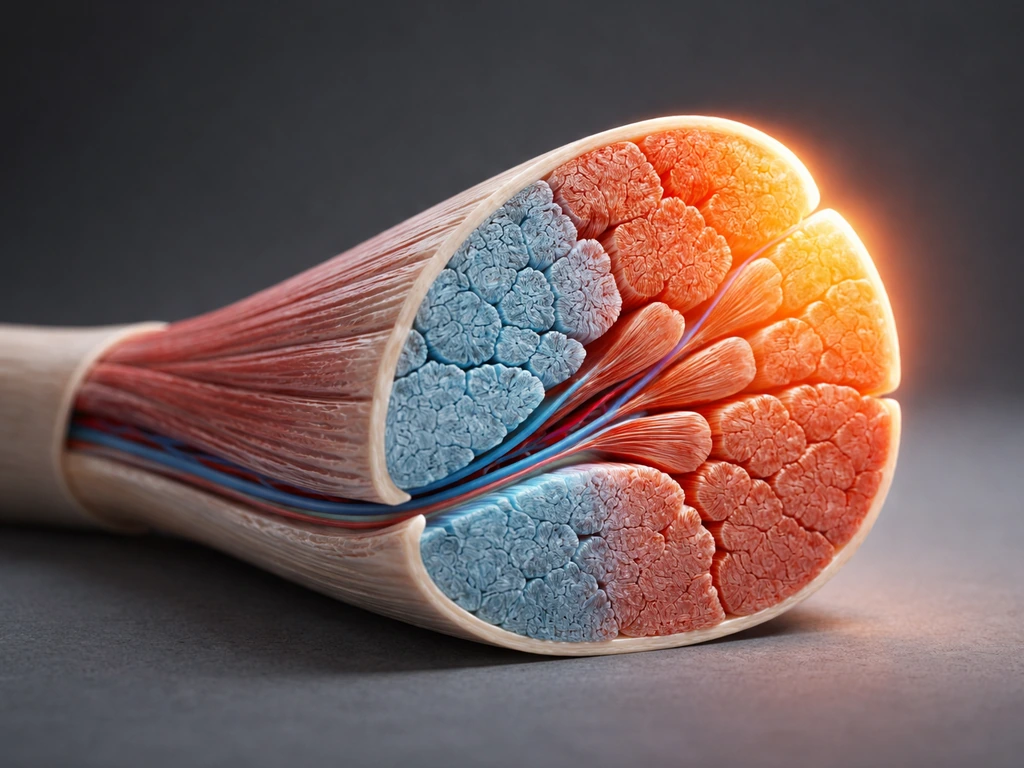 Minimal muscle cross-section with orange fast-twitch fibers subtly highlighted against blue fibers.