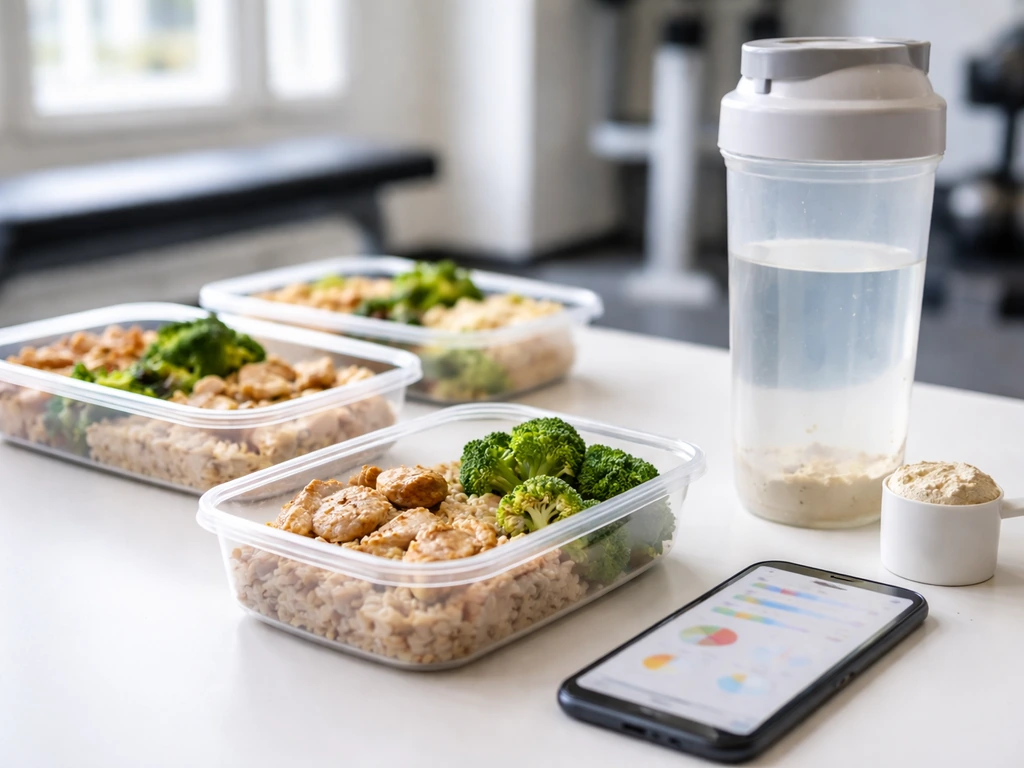 Meal-prep containers and protein scoop beside a shaker with a blurred phone nutrition tracker screen.