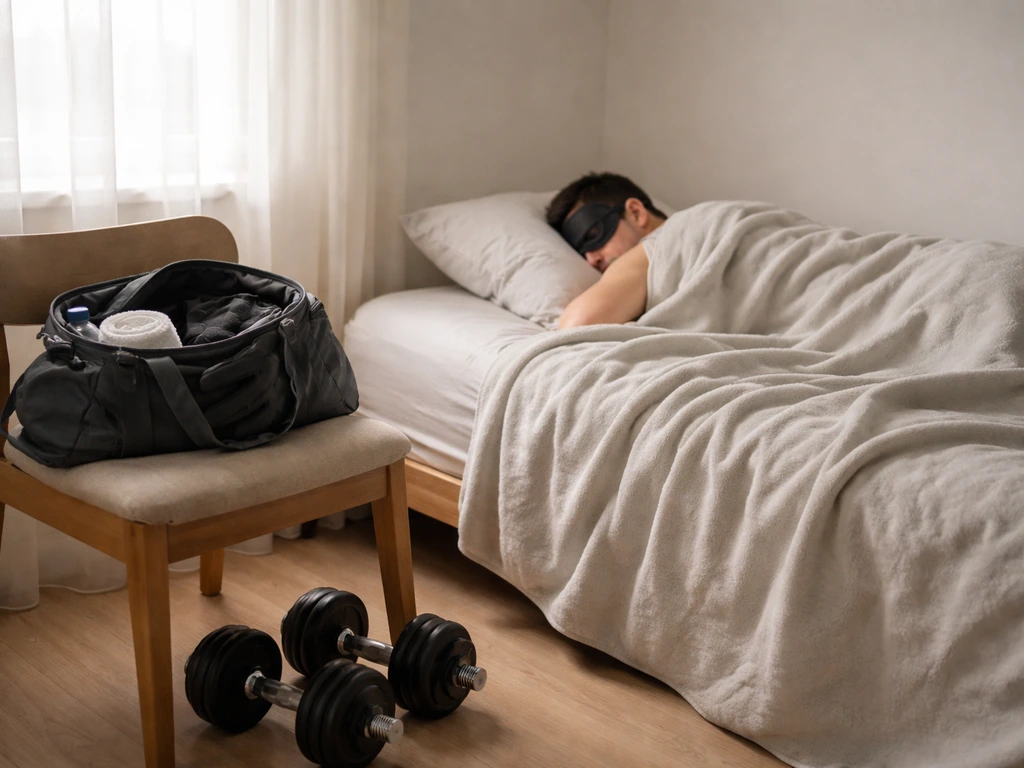 Gym bag and dumbbells near a bed where a person rests with a sleep mask.