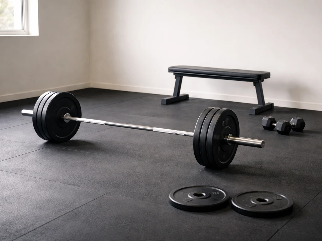 Minimal photo of four dumbbells and a barbell in a quiet gym space representing squat, hinge, bench, and row.
