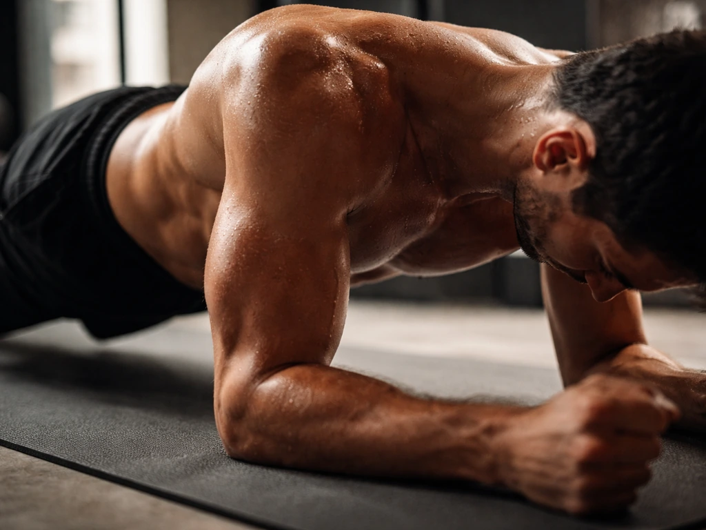 Person doing a front plank with subtle visible abdominal definition in a minimal gym setting